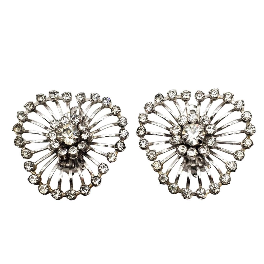 Vintage 60s Rhinestone Clip Earrings Crystal Sunburst Heart Riveted Silver Tone